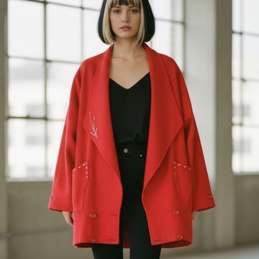 Vintage Red Wool Structured Jacket with Silver Embellishments